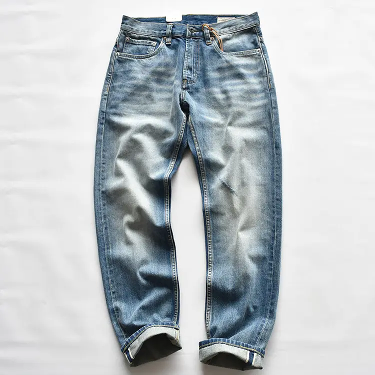 14oz 100% Cotton Washed Selvedge Denim Jeans Men's American Vintage Distressed Amekaji Slim Straight Fit Casual Trousers Autumn