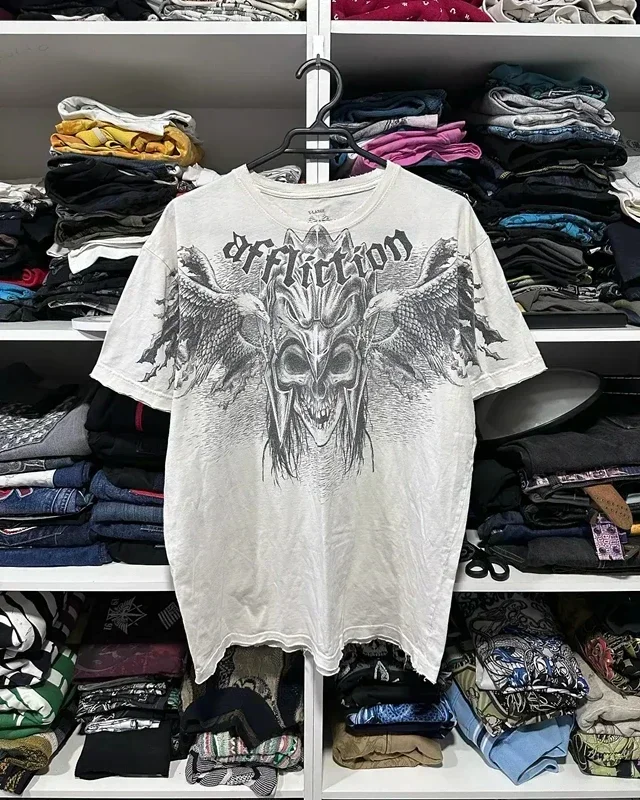 ぱ*〇様 Affliction グラフィック カットソー Y2K 2000s Affliction T shirt Hip Hop skull Printed Round Neck