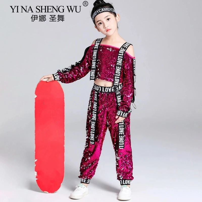 tenue-de-danse-a-tambour-d'etagere-costume-a-paillettes-rose-rouge-pour-enfants-filles-vetements-de-spectacle-de-salle-de-bal-hip-hop-jazz-costume-de-spectacle-de-fete