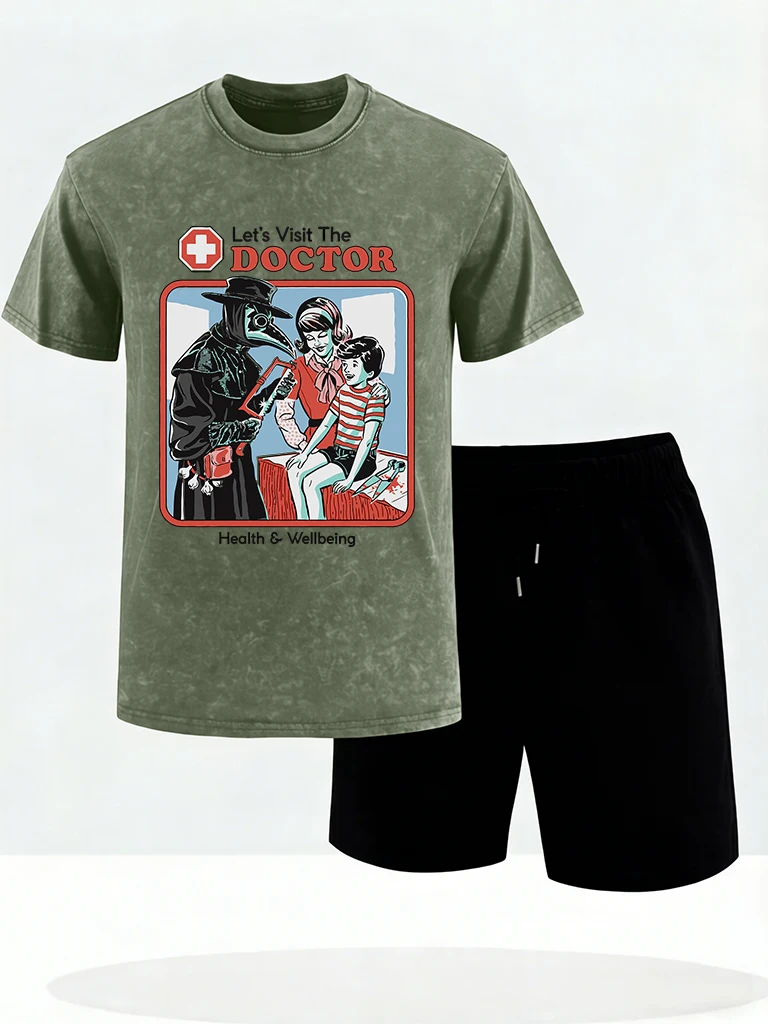 

The Treating Doctor Print Beach Washed Mens T-Shirt Set Summer Cotton Short Sleeve Pocket Fitness Shorts Breathable Cool Clothes