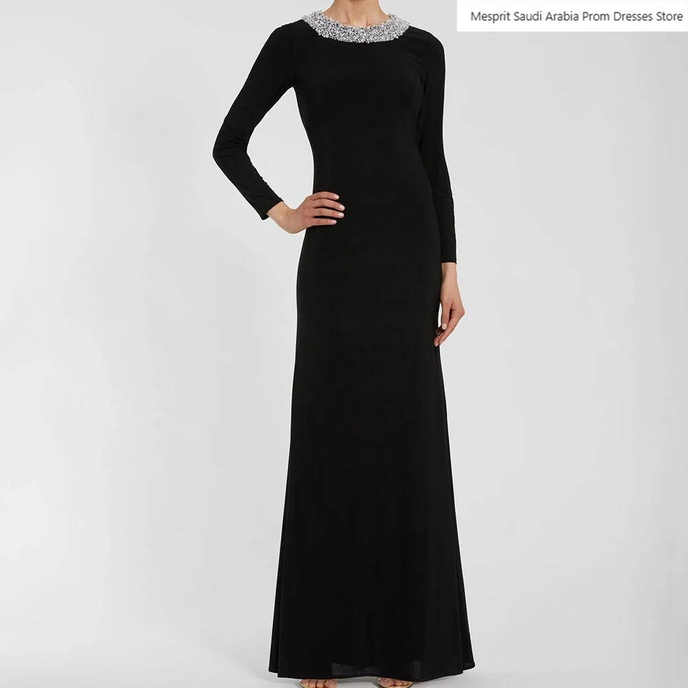 

A-line Black Women's Evening Dresses Ankle-length O-neck Full Sleeve Prom Gown Fashion Crystal Simple Draped Customized Gowns