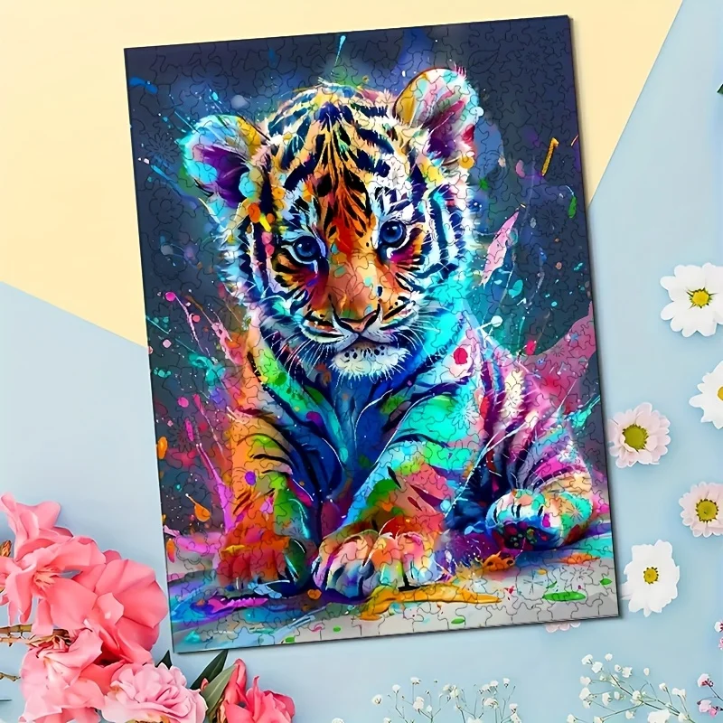 مسطح ثنائي الأبعاد، مجموعة واحدة، ألغاز تحدي خشبية مكونة من 500 قطعة، نمر ملون، مناسب للبالغين والمراهقين فوق 14 عامًا، تعزيز L