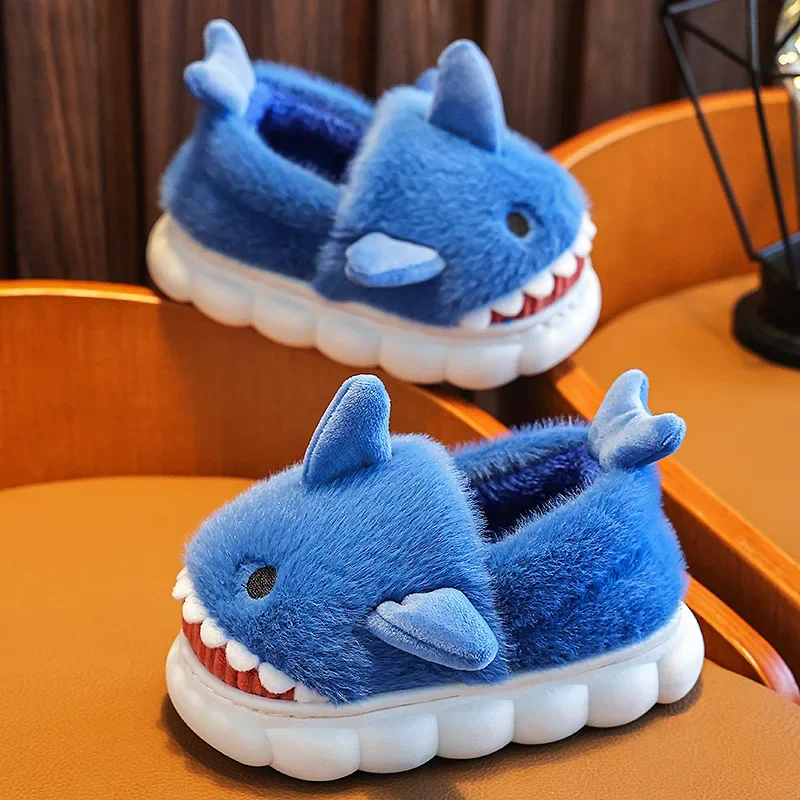 Popular Children's Cotton Slippers Wholesale Warm Thick Sole Boys and Girls' Full Heel Shark Cotton Shoes