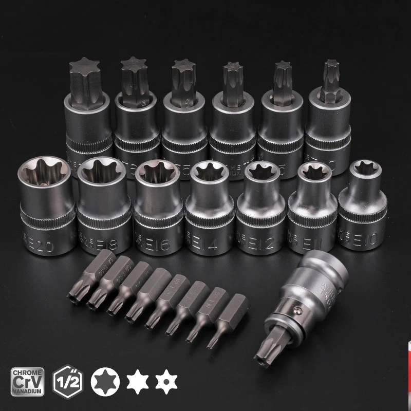 Torx Socket Box Set 1/2 E type Sleeves T60 T70 Wrench Key Tool Female And Male Sockets Hand Tool Kit For Ratchet