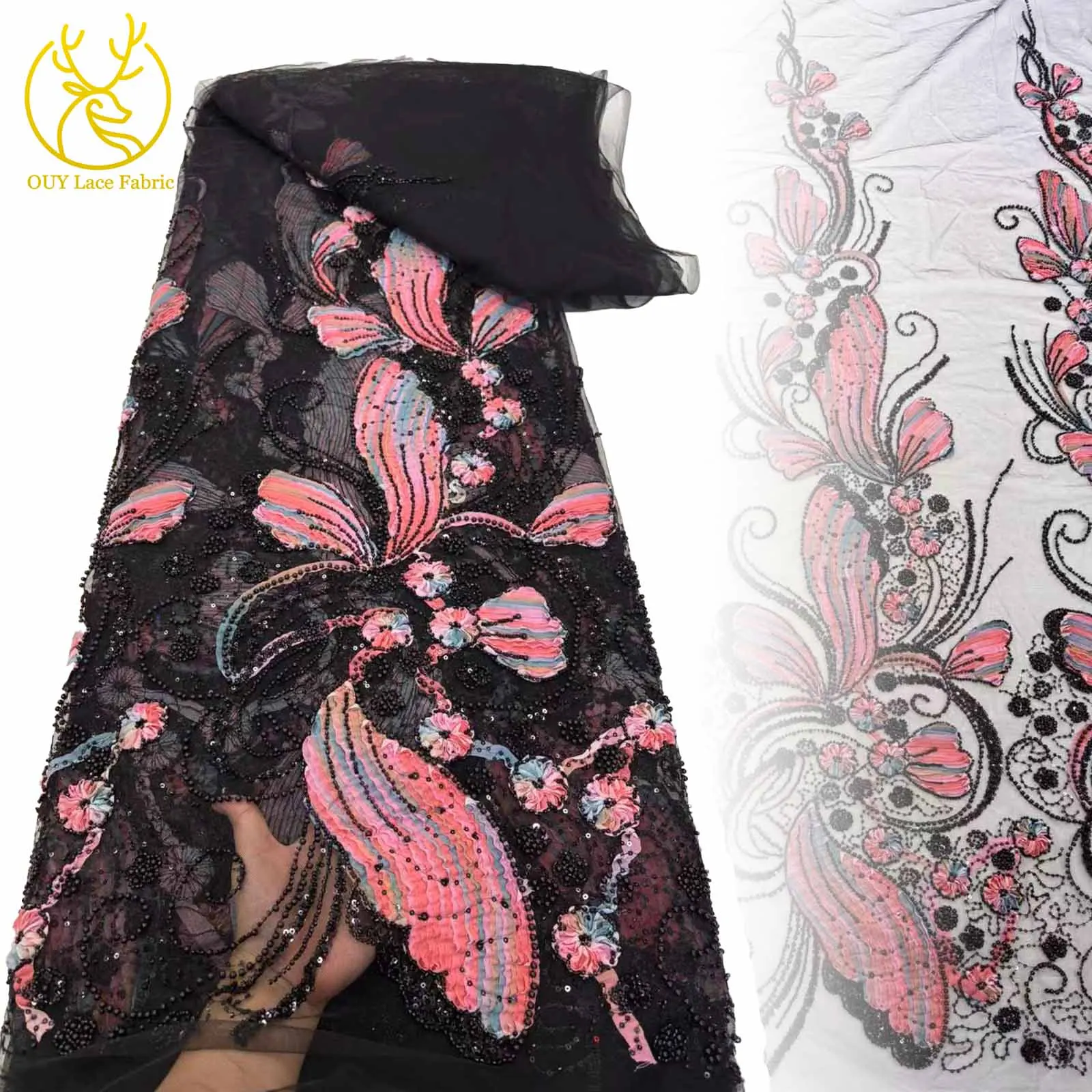 

2025 Luxury High-end African Beaded Fabric Fashion French Embroidery Tulle Mesh Lace Fabric Wedding Dress Material 5 Yards