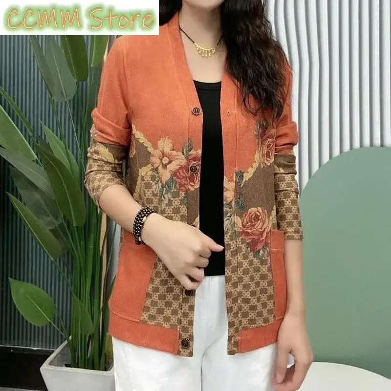 

Floral Printed Vintage Single-breasted Cardigan Women's Clothing New Long Sleeve Fashion Elegant Pockets Casual Sweaters