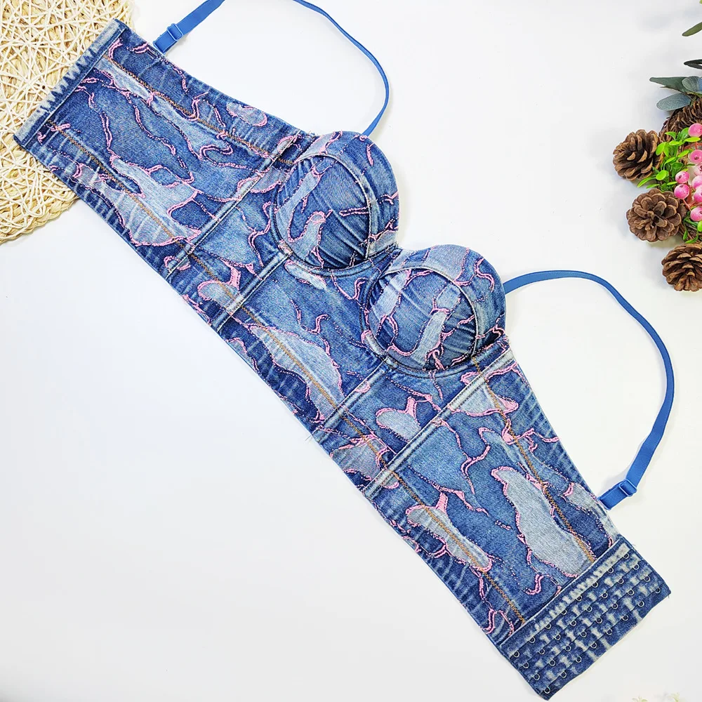 New Arrival Retro Denim Bralette Print Bra Top for Women with Fish-bone European and American Style Summer Wear Jean Strap Bra image 5