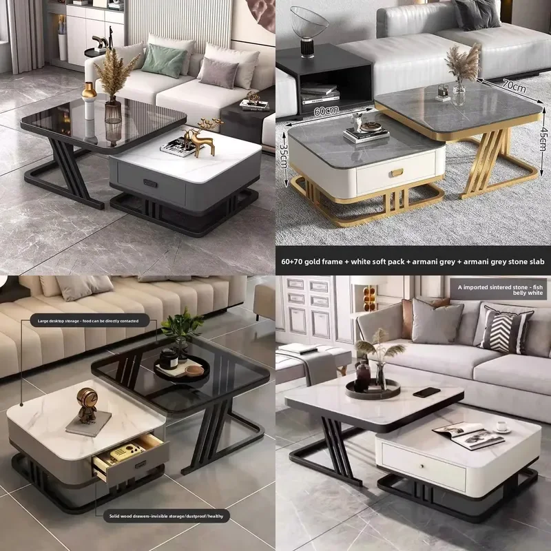Lightweight Luxurious Metal Coffee Table with Glass Top Modern Minimalist Design for Living Room Small Apartment Use Foldable