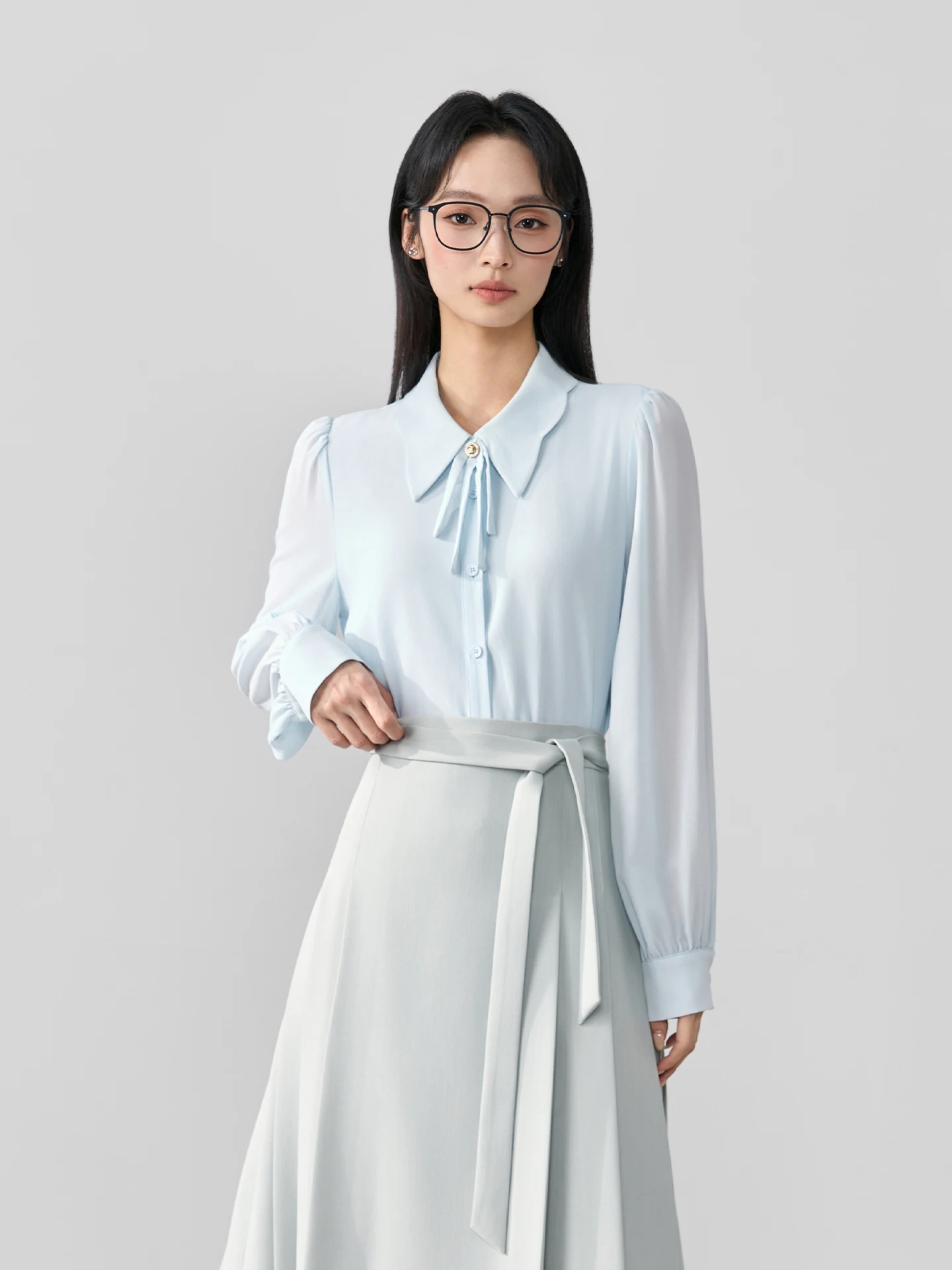 

Miss Bird Blue Fine Sash Shirt Women's Commute Inner Wear Top Formal Professional Shirt Polyester Long Sleeve Elegant Style