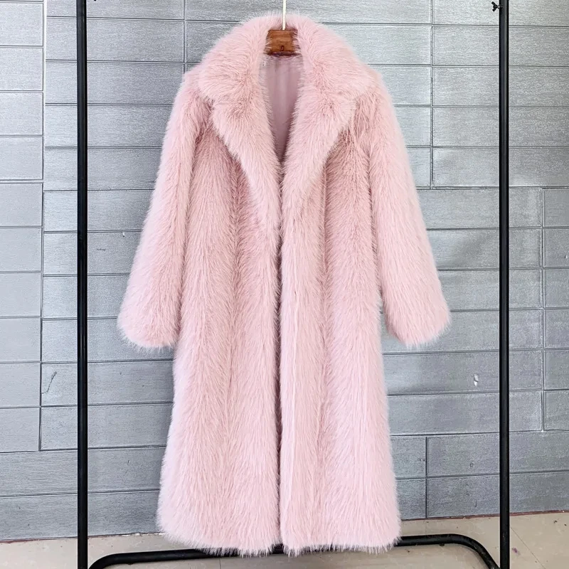 Cappotto lungo bianco in pelliccia sintetica Donna Autunno Inverno Giacca grande Cappotto Tasche con colletto rovesciato Cappotto spesso Giacche calde Cappotti maxi