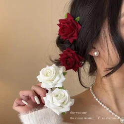 Red Rose Flower Hairpin Women Brooch Bridal Wedding Party Hair Clips Rose Artificial Flower Hair Accessories for Girls Headwear