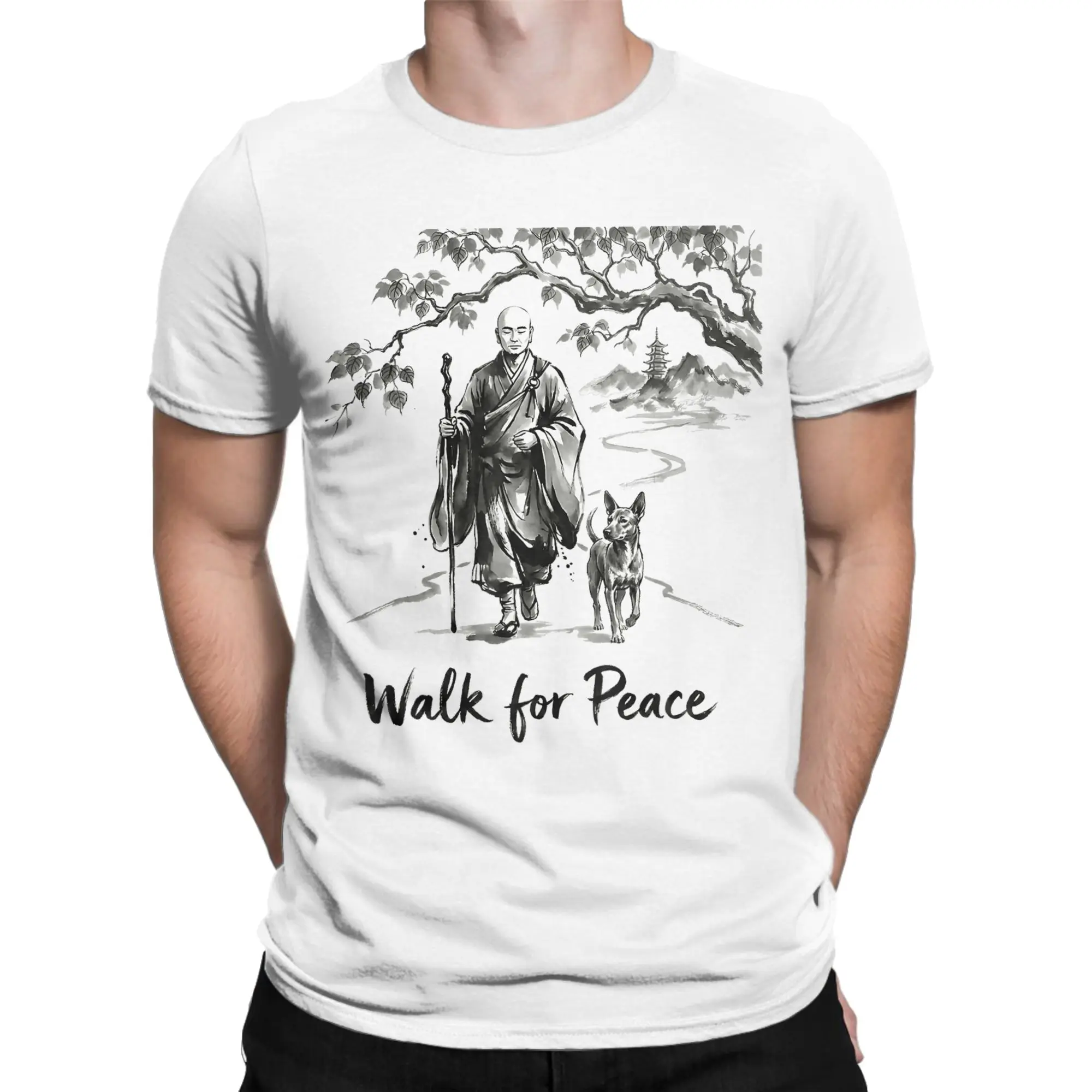 Men Walk for Peace Monks with Aloka Dog Ink Wash Zen Drawing T Shirts Clothes Short Sleeve Crew Neck Tee Shirt Graphic T-Shirt