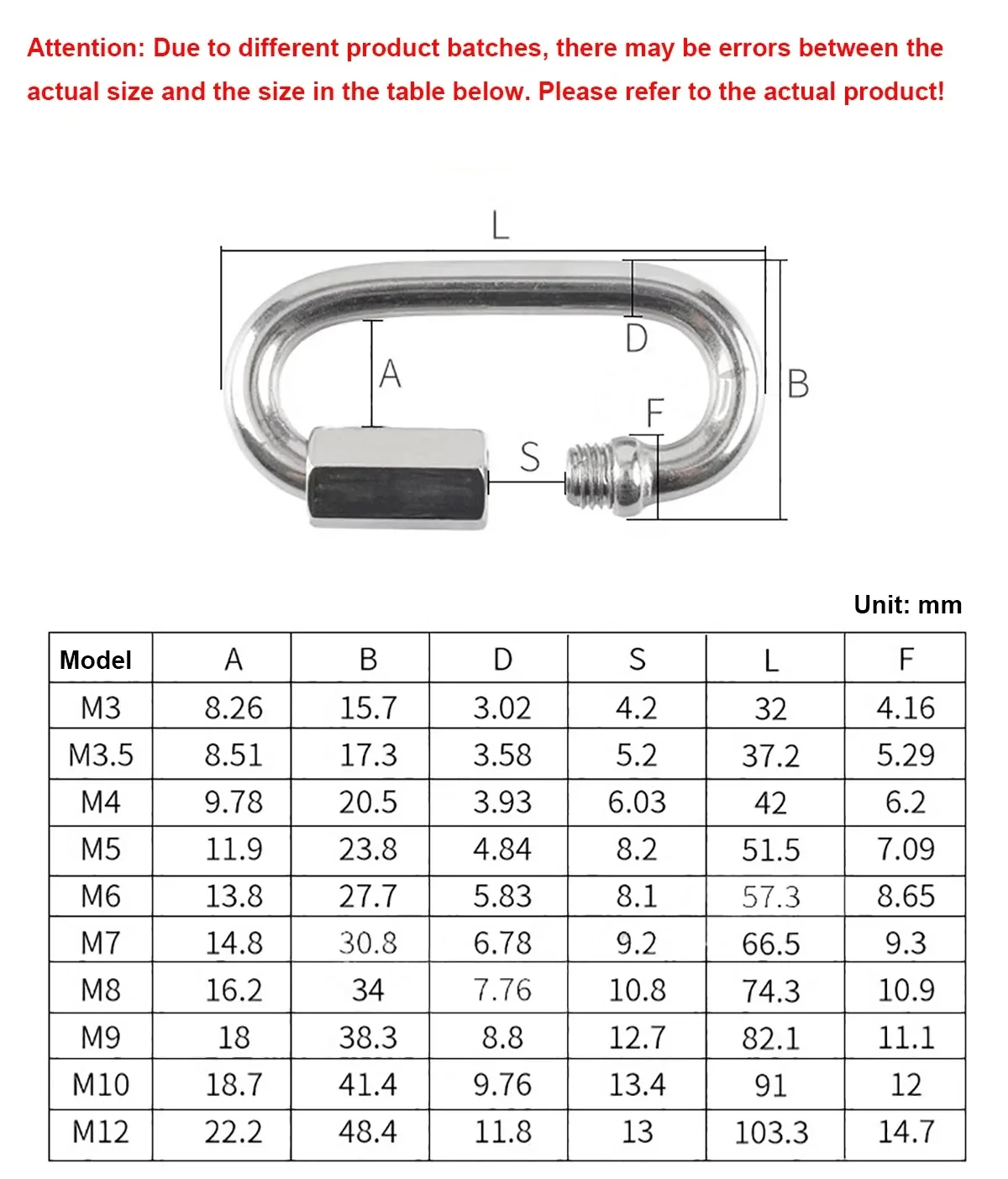 M3-M14 304/316 Stainless Steel Oval Locking Carabiner Clip Tow Chain Quick Links Rope Connector for Trailer Threaded Quick Link