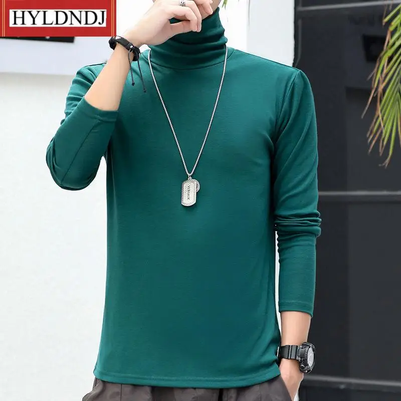 Male New Casual Jumpers Autumn Winter Turtleneck for Men Solid Colour Slim Elastic Pullover Long Sleeve T Shirts 2023