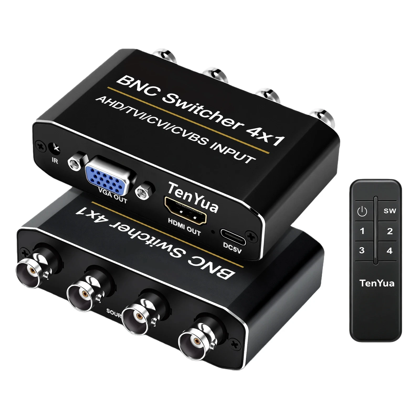 4 Input BNC Video Switcher AHD TVI CVI CVBS Coaxial Signal Selector HDMI-compatible VGA Output IR Remote 720P 1080P CCTV Monitor