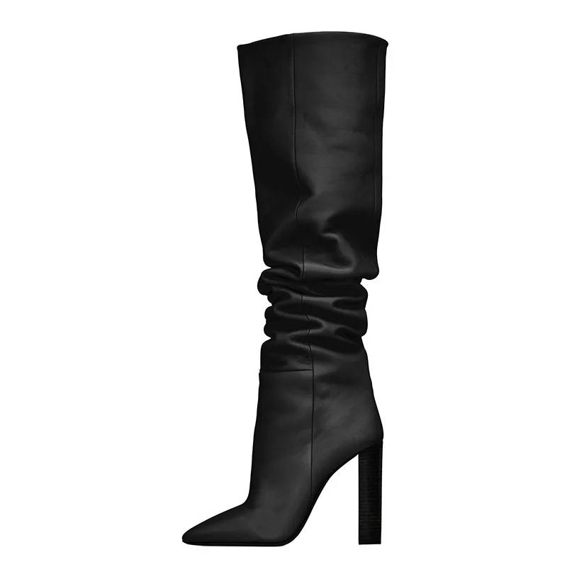 

Fashion Chunky Block High Heels Pleated Over The Knee Boot Woman Slouchy Pointy Toe Slip-On Long Boots Woman Banquet Catwalk