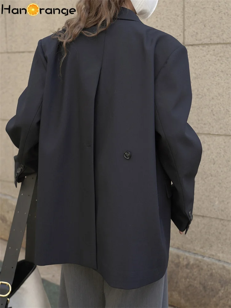 HanOrange 2026 Winter Fashion Slanted Front Back Slit Blazer Women Loose Stylish Suit Jacket Black