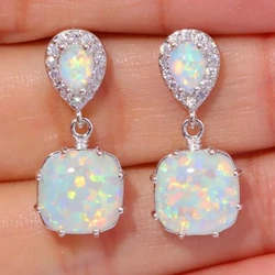 Trendy Earrings Shiny Silver Color Water Drop Square Inlaid with Blue Stone Dangle Earrings for Women Party Wedding Jewelry