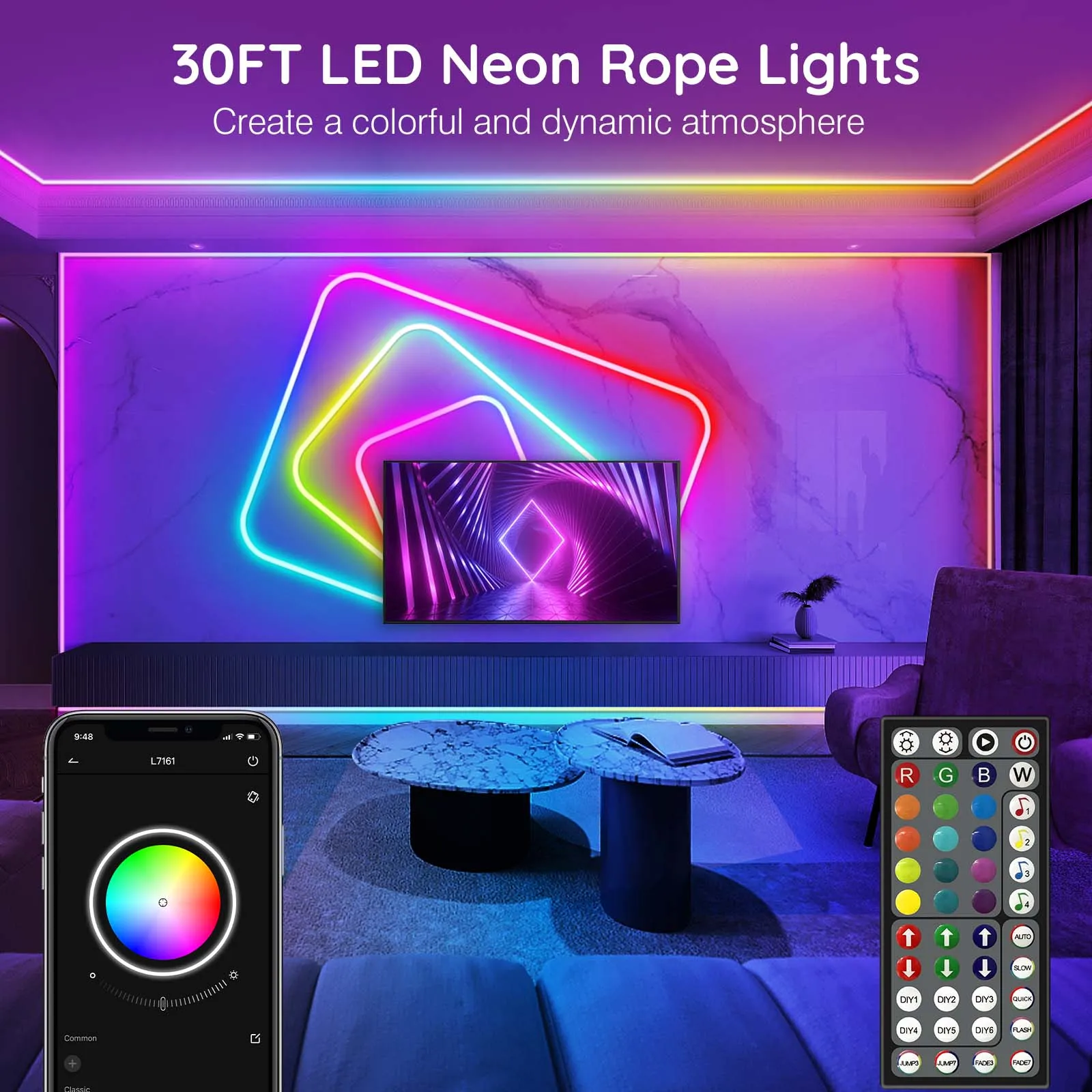 32.8Ft LED Neon Rope Lights, RGBIC Flexible Outdoor Waterproof Lights with APP & Remote Control, IP65 Water Resistant, Music Sync & Gaming Modes, Multicolor Decor for Bedroom, Patio, Holiday (32.8Ft-1ROLL)