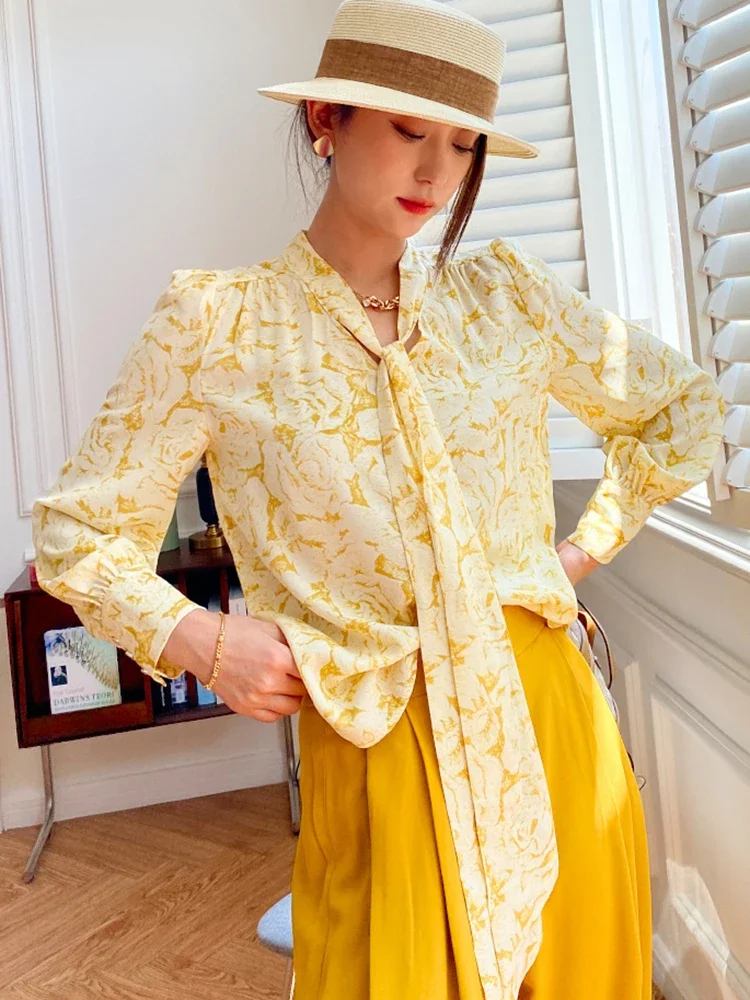 GypsyLady Elegant Chic Yellow Blouse Shirt Floral Lace Tie Up Spring Autumn Women Blouse Long Sleeve Office Ladies Floral Tops