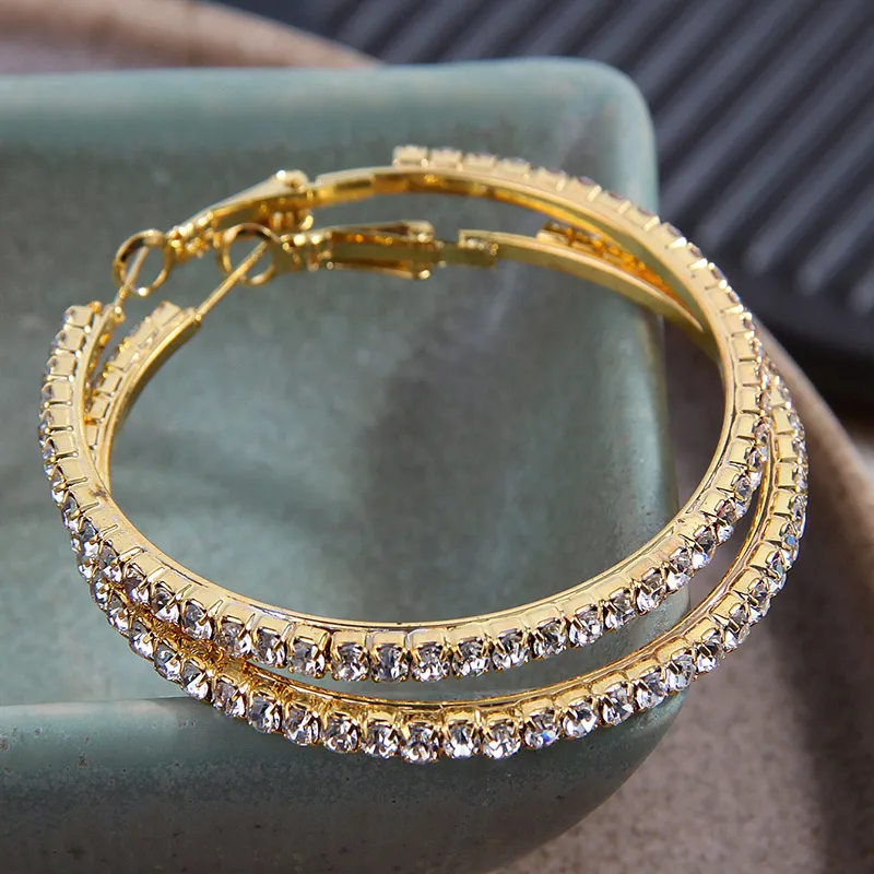 Pendientes de aro de moda para mujer, decoración completa de diamantes de imitación, pendientes de mujer de 5CM, aros de Color dorado, recuerdos diarios para citas y fiestas