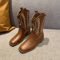 Embroider Mid-calf Modern Boots Spring/autumn Square Heel 2024 Hot Sale Women's Shoes Slip-on Round Toe Novelty Women's Boots