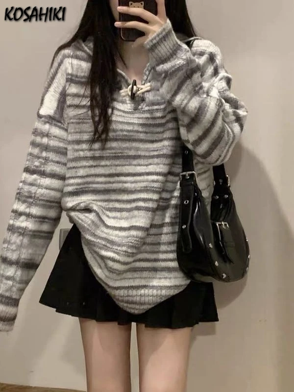 Y2k Aesthetic Striped Hooded Pullover Japanese Casual Loose Knitted All Match Sweater Harajuku Fashion Grunge Jumper Streetwear