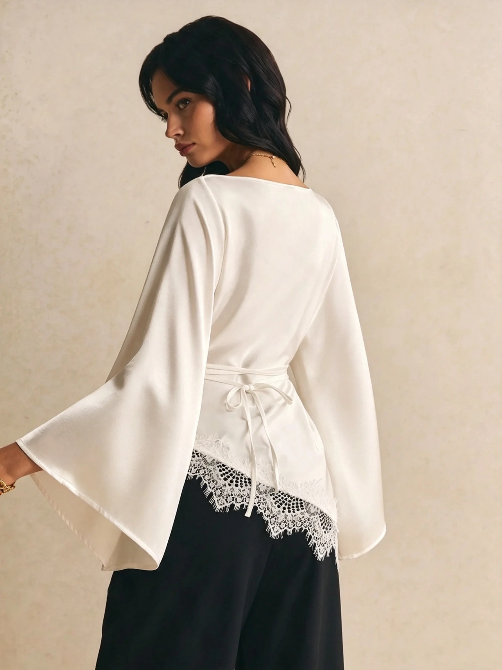 Women Satin Off Shoulder Top Big Flare Sleeve Eyelash Lace Patchwork Back Waist Tie Slim Fit Blouse