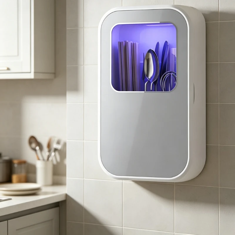 Rechargeable Wall Mounted Chopstick Sterilizer Dryer, UV Sanitizer Holder with 7-Blade Fan, Long-Lasting Battery Drying Rack