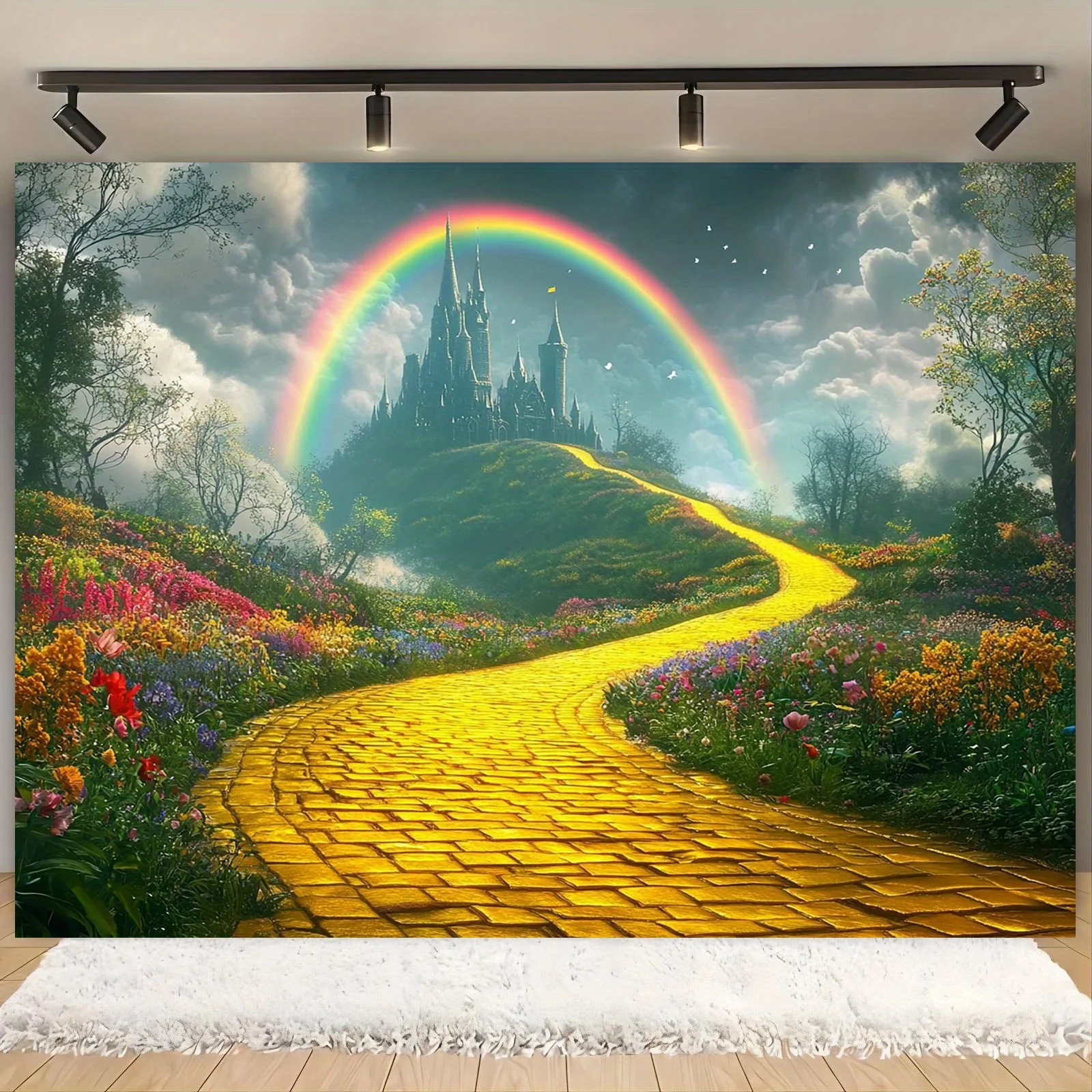 

Enchanted Castle & Yellow Brick Road Backdrop Banner - Fantasy Landscape with Castle, Rainbow, Floral Pathway - Large Party Deco