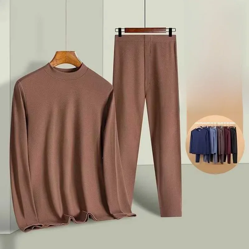 

Men's Thermal Underwear Set Double-sided Fleece Lined Thickened Mid-neck Winter Cold Resistant Proof Heating Top Trendy