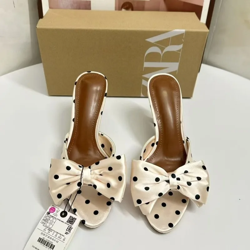 Women's Slippers French Style Temperament Pointed Stiletto Sandals Luxury Silk Satin Bow One Word High-heeled Slippers Sandalias