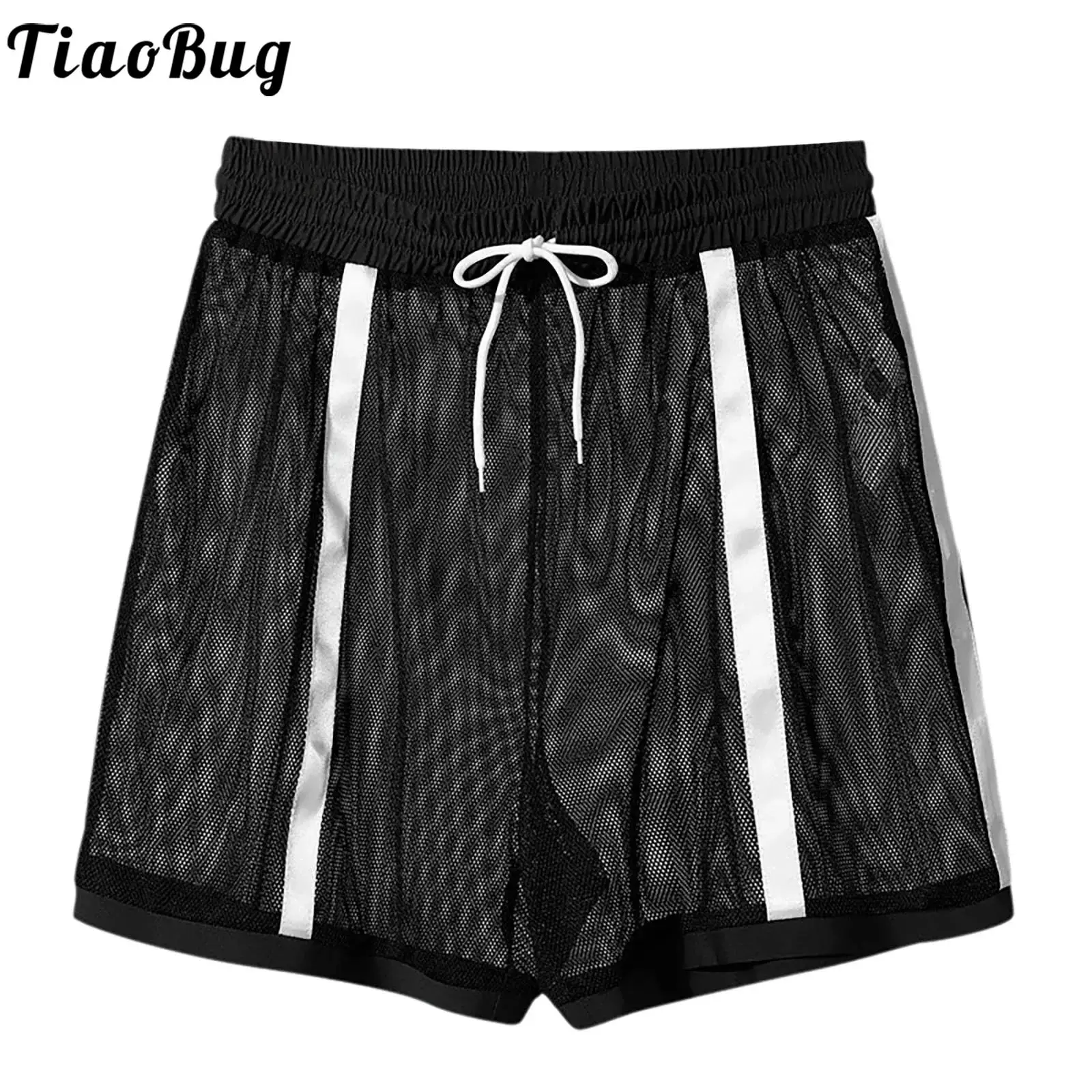 Men Gym Athletic Workout Exercise Fitness Shorts Drawstring Elastic Waistband Color Block Stripe Hollow Out Sport Running Shorts