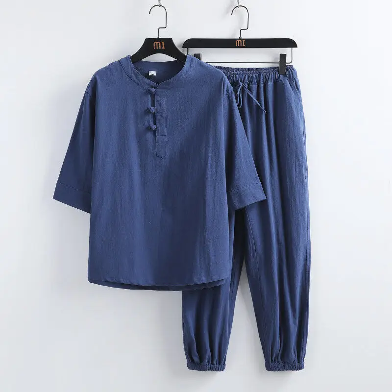 Loose Cotton Linen Men's Spwear Summer Home Clothes Set Trendy Oversize plus Size M Model Casual Sportswear Kit