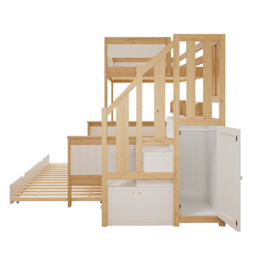 PINGGO Etagenbett 90x200/90x190/120x200cm mit Fallschutzgitter, 3-stöckiges Rollbett mit Kleiderschrank und Eck-Treppe, ohne Matratze – Detail 15