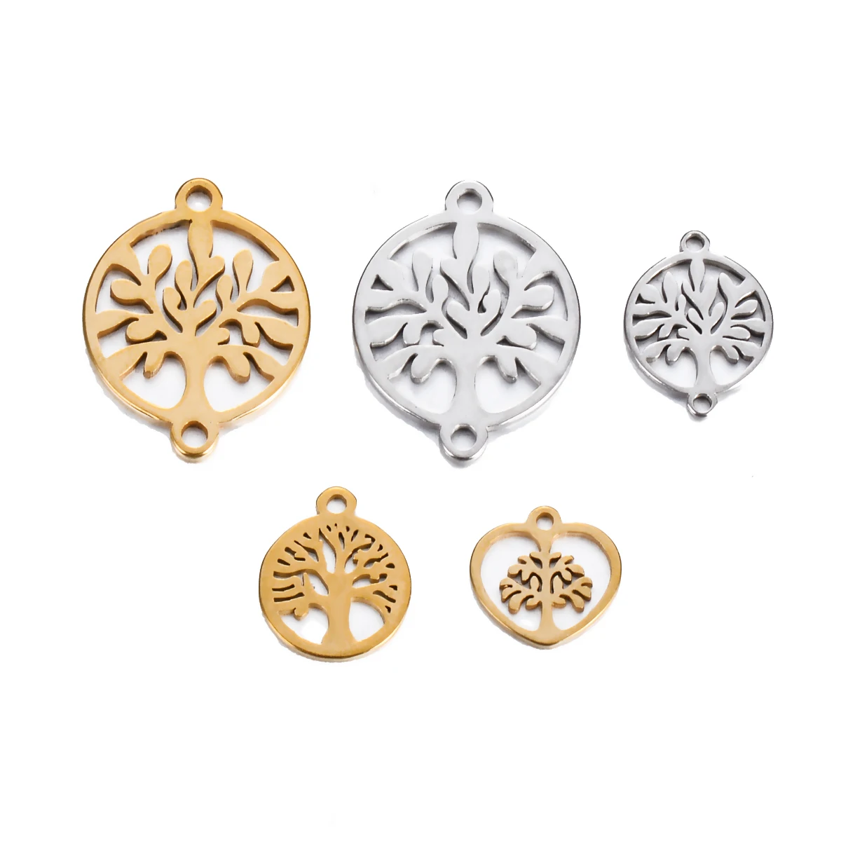 5Pcs Tree of Life Hollow out Round Heart Stainless Steel Connectors Charms Pendants for DIY Handmade Jewelry Making