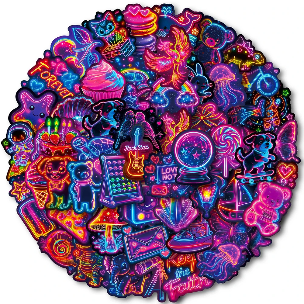 10/30/56pcs Funny Creative Neon Light Stickers Cute Cartoon Animals Cake Sticker Water Bottle Phone Suitcase Car Decals Toy Gift