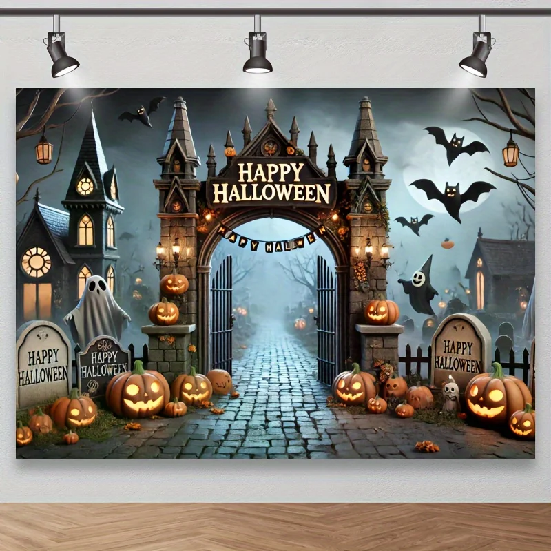 Geheimnisvoller Halloween-Fotografie-Hintergrund mit Gothic-Schloss, Kürbislaternen und Fledermaus-Spukhaus