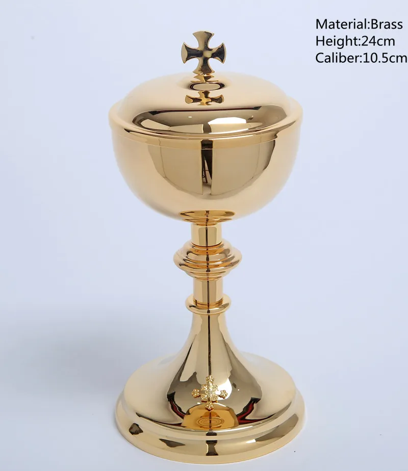 Catholic Chalice and Paten, Brass Gold Gilded Priest Ciborium with Cross Cover, Scared Vessel, Religious Supplies