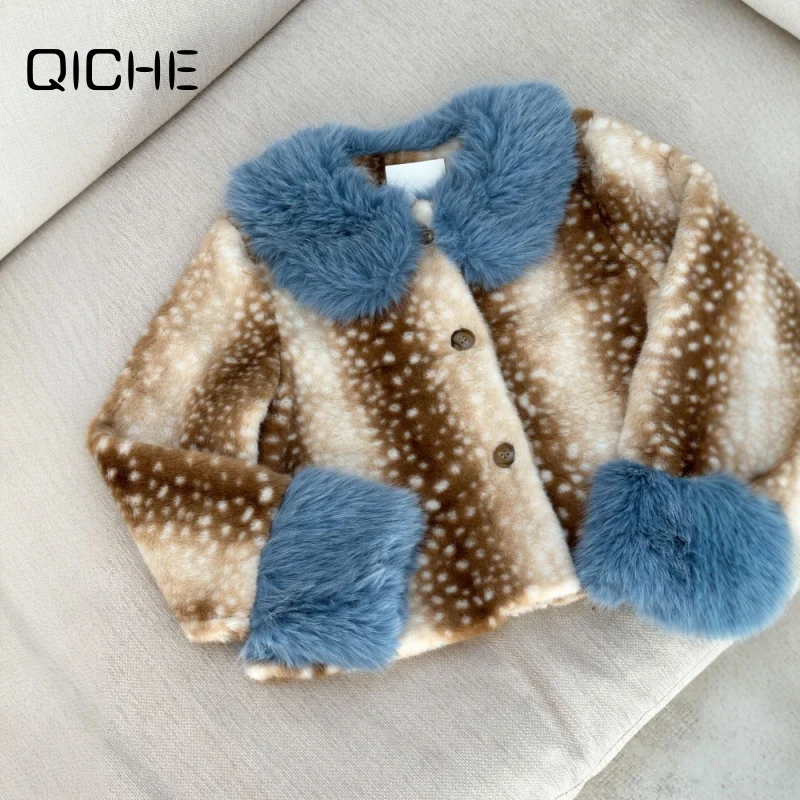 QICHE 2026 Women Cropped Faux Fur Jacket, Deer Spot Print Contrast Blue Collar & Cuff Coat, Warm Fall Winter Outerwear