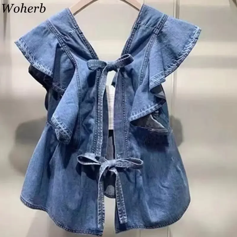 Słodka bluzka dla kobiet Denim dekolt w szpic latający rękaw Temperament koszulki, tuniki 2024 Blusas Mujer De Moda lato Y2k koszulki z kokardą