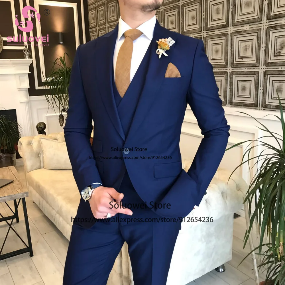 Fashion Groom Wedding One Button Tuxedo Slim Fit 3 Piece Jacket Vest Pants Set Business Blazer Formal Peaked Lapel Suits For Men