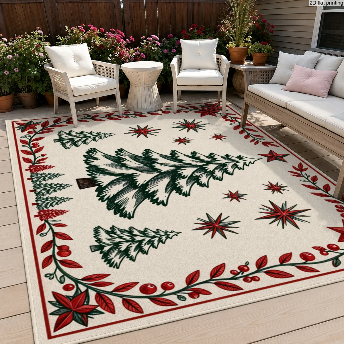 1pc Large Festive Red Rug, Tree, Leaf & Berry Pattern, Red Border, Green & Red Holiday Design for Living Room, Patio, Bedroom