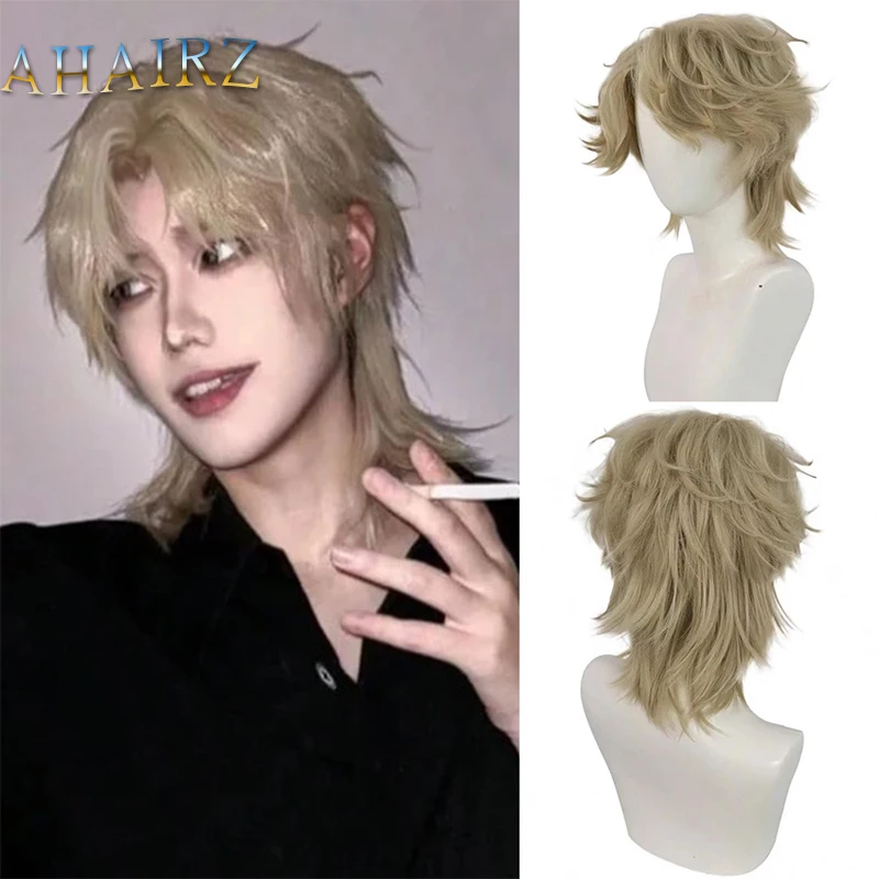 

Synthetic Short Flax Gold Curly Layered Wig with Bangs For Handsome Cosplay Anime Halloween Party Party Use Wig Heat Resistant