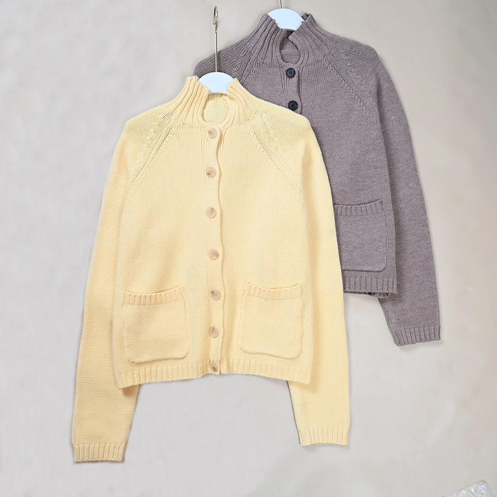 Nordic Sle Spring New Women's Stand Collar Button Casual oulder Insert Long Sve Knitted Open Cardigan Sweater