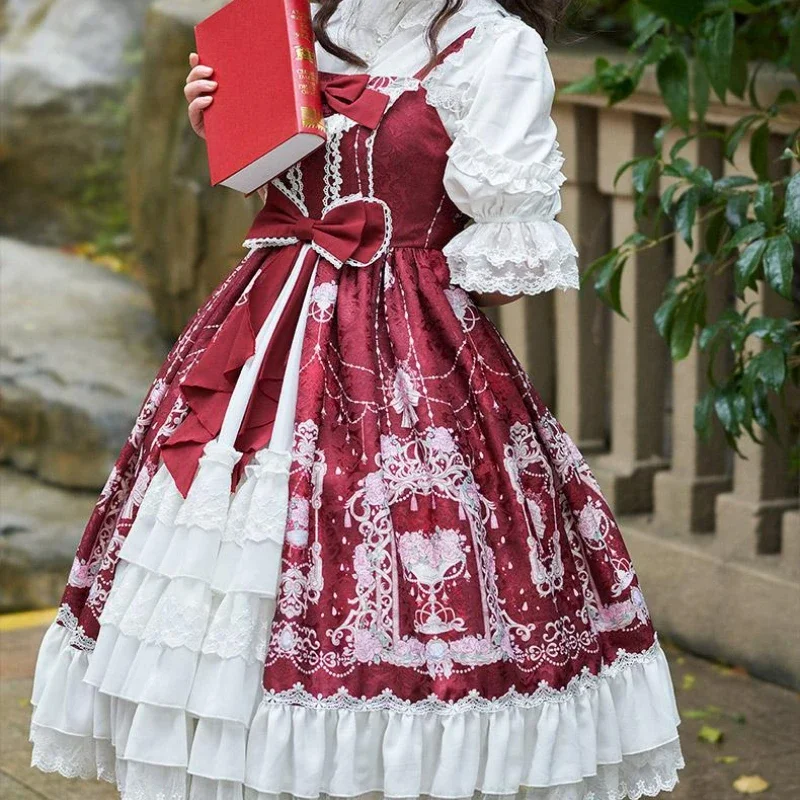 Abito Lolita Jsk stile vintage elegante giapponese da donna Abito cosplay con stampa floreale con fiocco Kawaii Abito con cinturino Y2k gotico per ragazza dolce