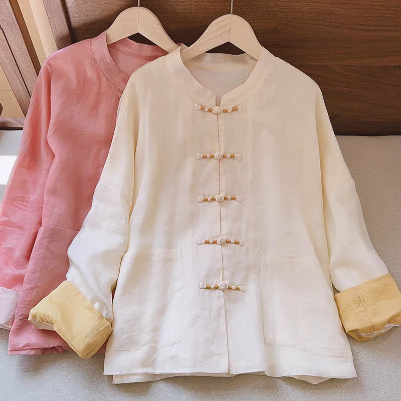 

Весенне-летний винтажный кардиган в новом китайском стиле, свободный, из хлопка и льна, на пуговицах, с защитой от солнца, женская рубашка, дышащая, тонкая