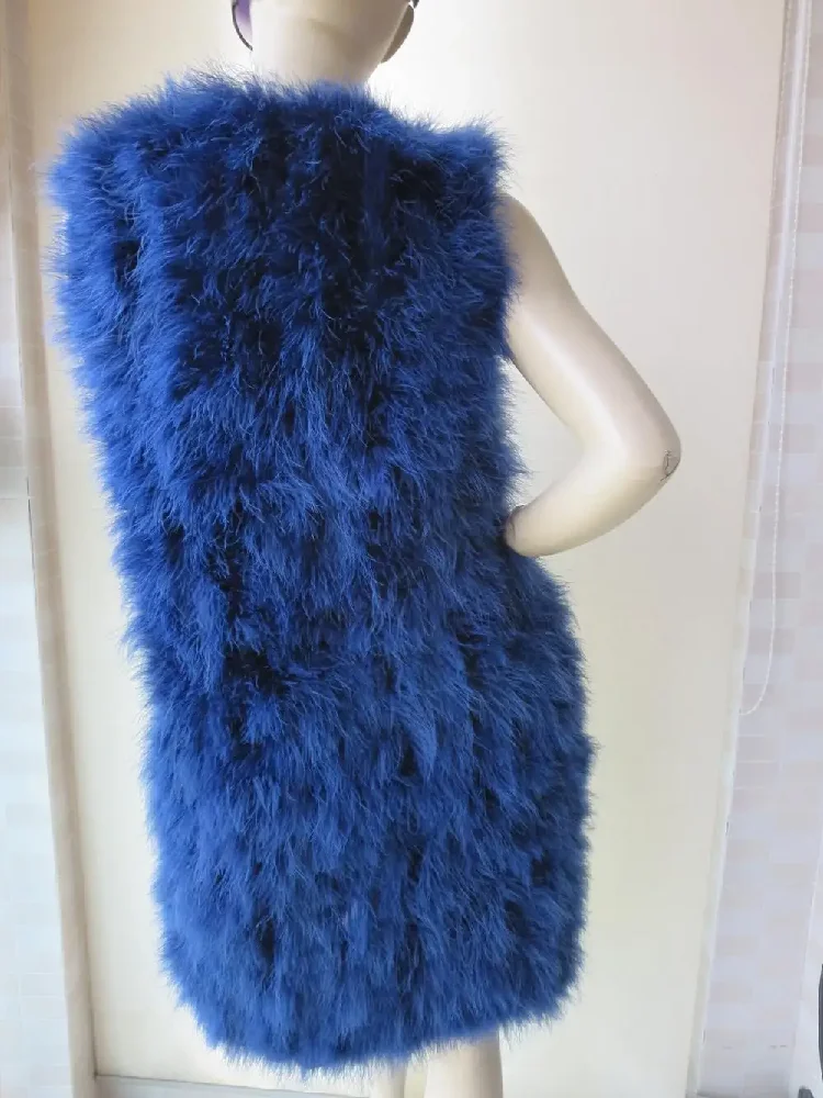 Women's Real Ostrich Feather Fur long Vest Winter Warm Waistcoat Fashion Royal Blue