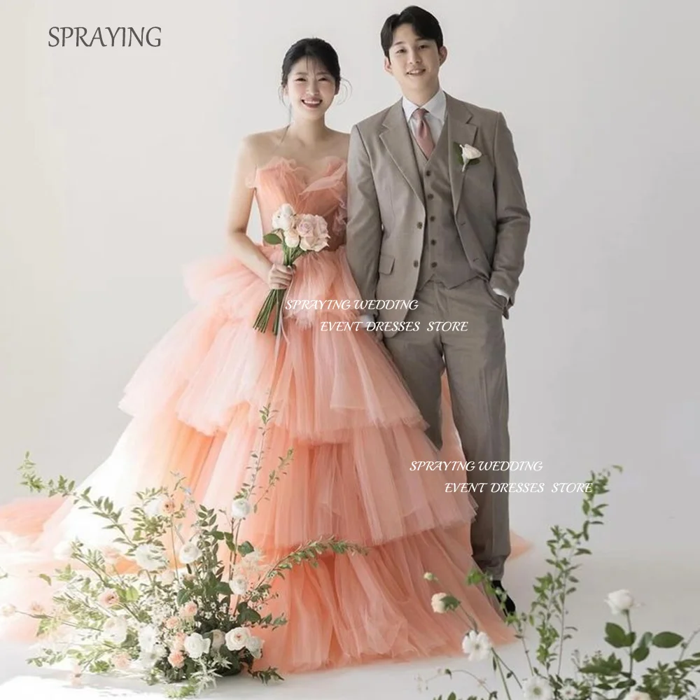 

SPRAYING A-line Ruffles Tiered Korea Wedding Party Dresses Strapless Fairy Tulle Ball Gown Princess Custom Corset Bridal Gown
