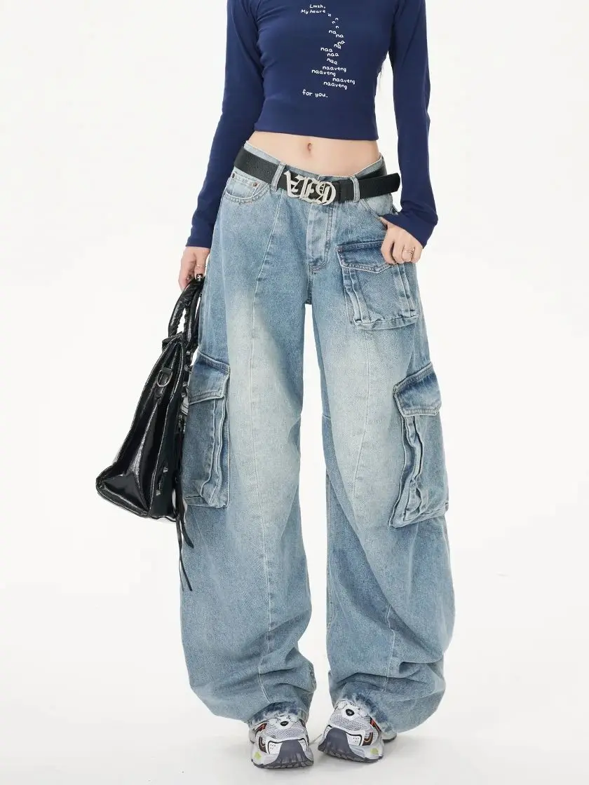 

Женские синие джинсы Y2k, мешковатые эстетические винтажные брюки 90-х годов, уличная одежда в стиле Харадзюку, тройные джинсовые брюки 2000-х годов, одежда 2025